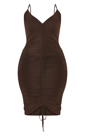 Chocolate Brown Ruched Front Midi Dress