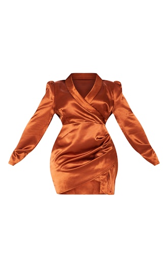 Rust Satin Wrap Over Ruched Bodycon Dress