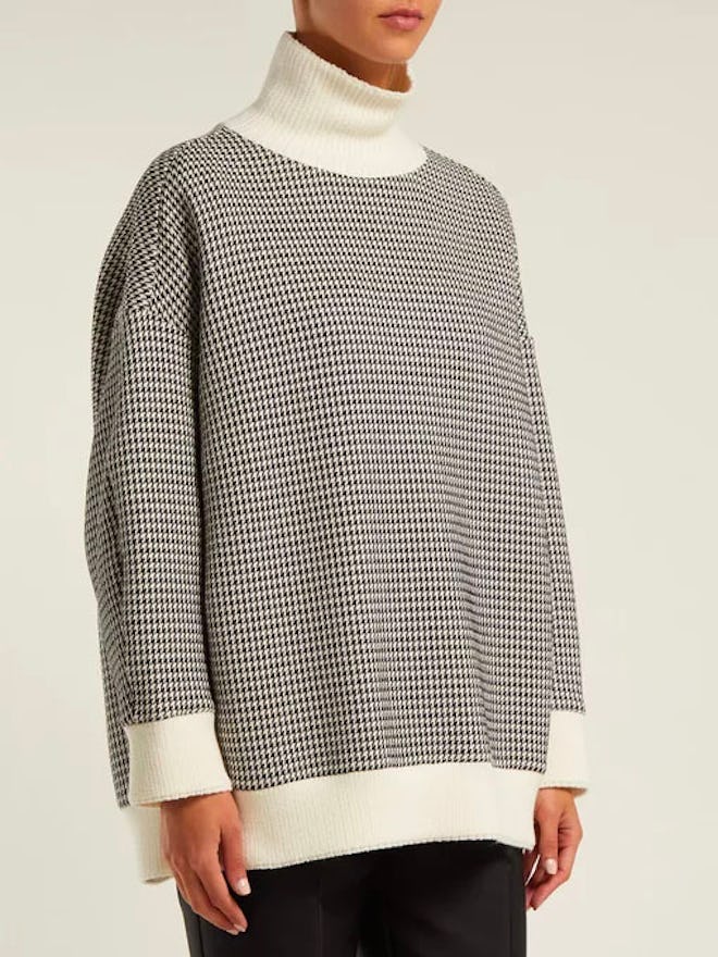 High-Neck Houndstooth Cotton-Blend Sweater