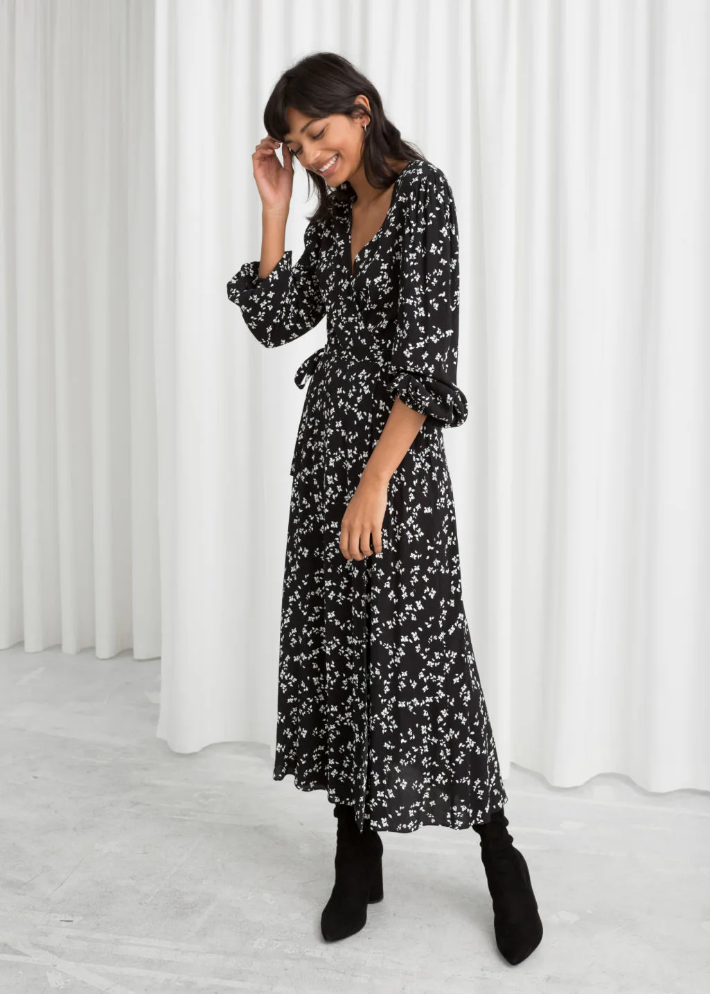 printed ruffle bib midi dress