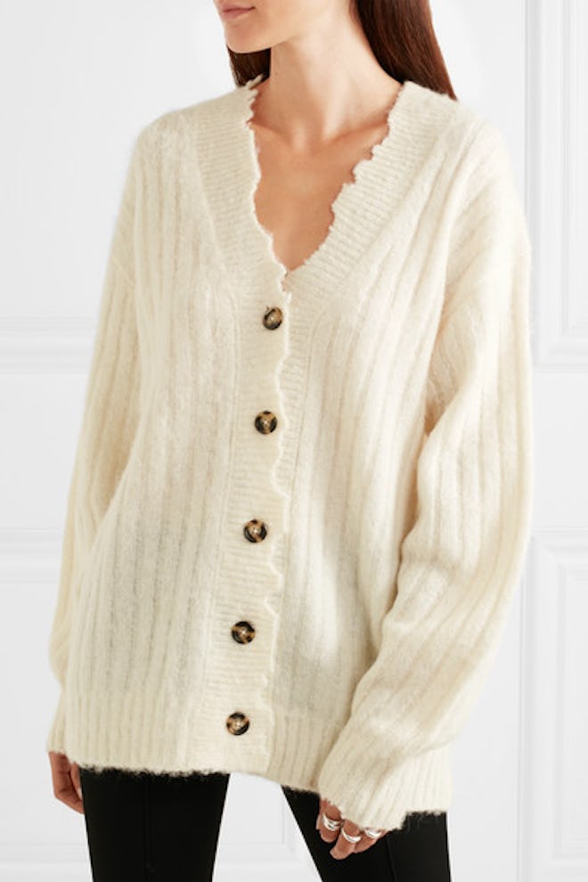 Oversized Distressed Ribbed-Knit Cardigan