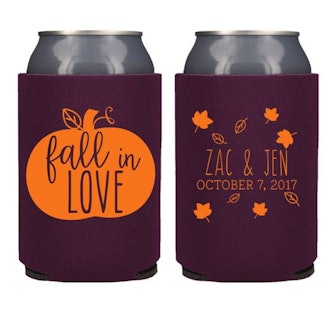 Rustic Personalized Fall in Love Can Coolers