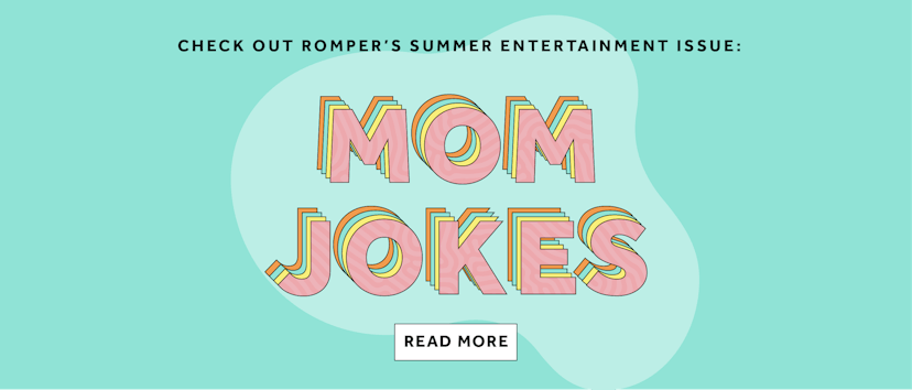Romper's poster having the "Mom Jokes" text on a light green background