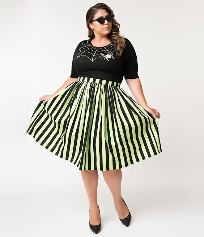 Plus Size Neon Green & Black Striped Gathered Cotton Swing Skirt