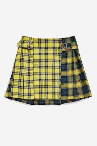 Mixed Check Buckle Kilt Mini Skirt