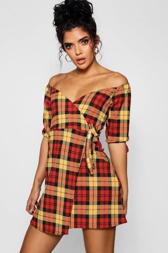 Bright Check Off The Shoulder Wrap Dress