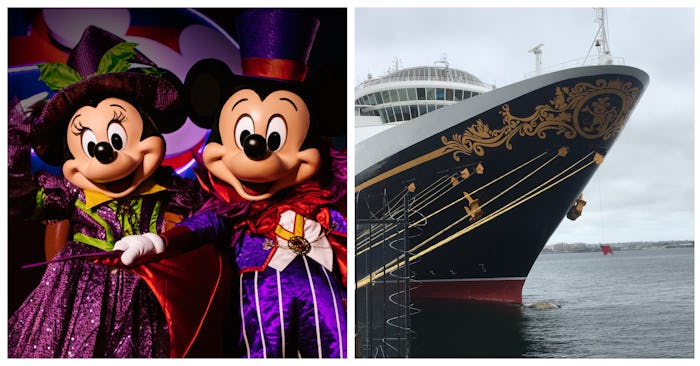 Side by side photos of Mickey and Minnie Mouse performers and the Disney cruise ship