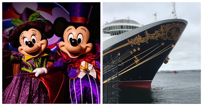 Side by side photos of Mickey and Minnie Mouse performers and the Disney cruise ship
