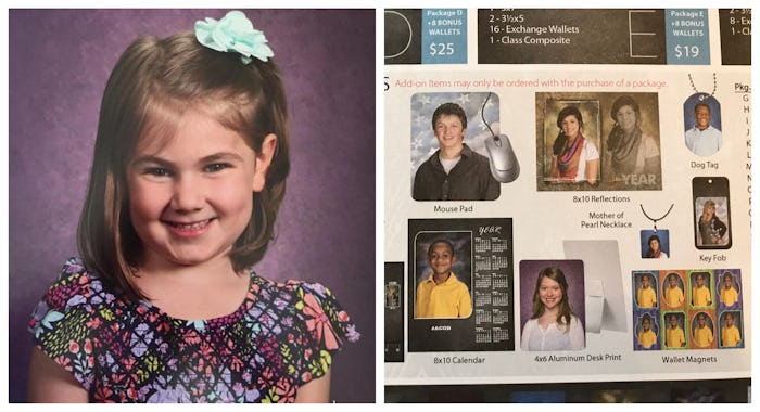 A two-part collage of a girl in a school picture, and a poster with different school pictures in var...