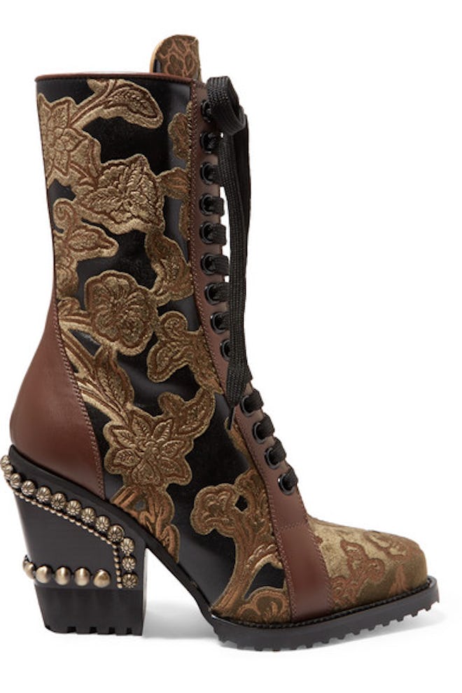 Chloé Rylee Studded Brocade and Appliqued Leather Ankle Boots