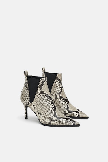 Snakeskin Print Heeled Leather Ankle Boot