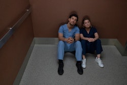 A scene from 'Grey's Anatomy' season 14 with meredith stuck in an elevator