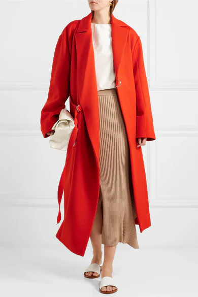 meghan markle purple dress red coat Meghan Markle Wears Sentaler Red Coat and Babaton by Aritizia Purple Dress With Prince Harry at Birkenhead