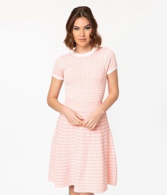Retro Style Pink & White Gingham Fit & Flare Sweater Dress