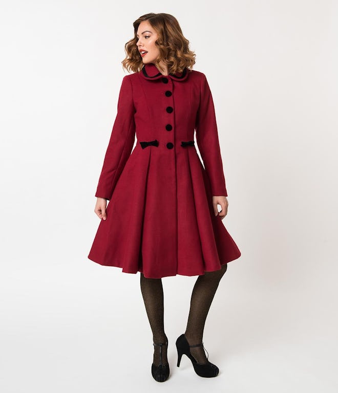 Hell Bunny 1950s Style Burgundy Red Felt Button Up Olivia Coat