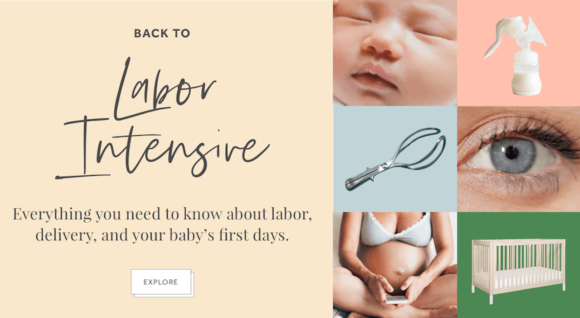 Labor intensive logo next to pictures of a baby, a milk pump, a pregnant woman, an eye and a cradle 