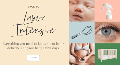 Collage of a "back to labor intensive" text sign and six photos presenting babies, motherhood, and p...