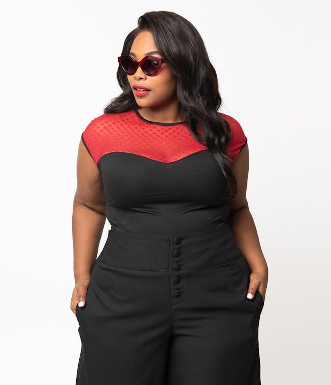 Steady Plus Size Retro Black & Red Hearts Only Mesh Knit Top