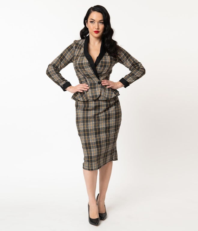  1940s Grey & Mustard Plaid Woven Millie Pencil Skirt
