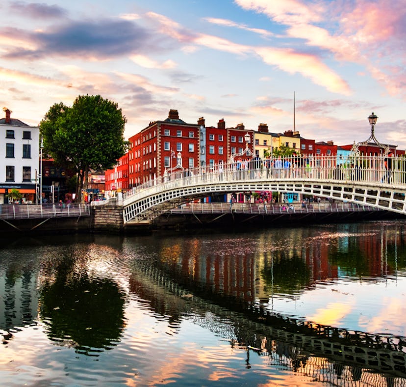 A busy side street in the city of Dublin, the capital of Ireland, which you could explore for free i...