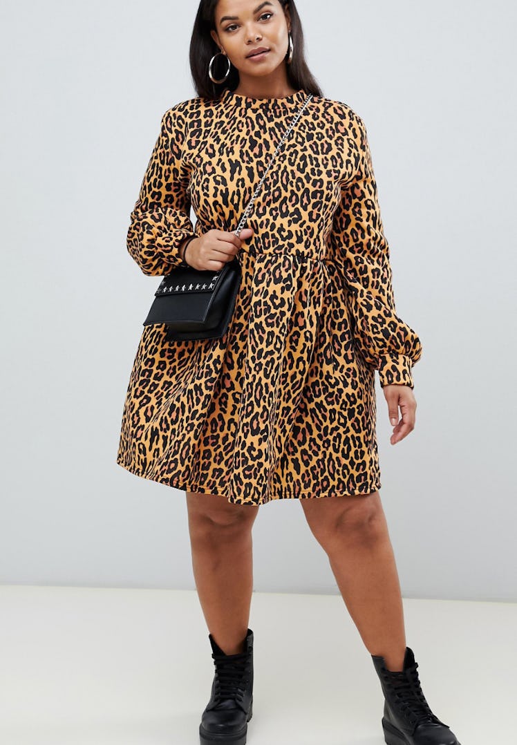 Rokoko Plus oversized smock sweat dress in leopard print