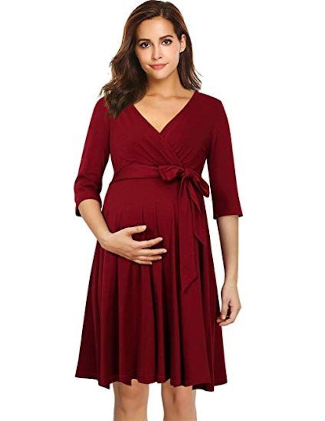 Coolmee Women's Wrap Maternity Dress Half Sleeve Empire Waist Midi Dress with Belt