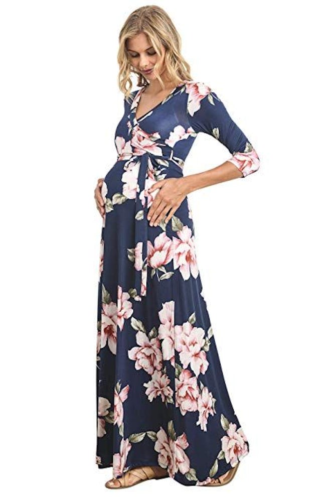 Hello MIZ Women's Floral Print Draped 3/4 Sleeve Long Maxi Maternity Dress