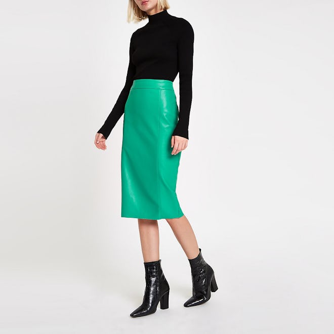 Bright Green Faux Leather Pencil Skirt