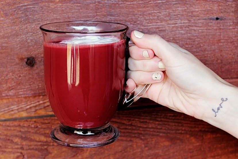 This red velvet hot chocolate is a great non-alcoholic Valentine's Day drink idea.