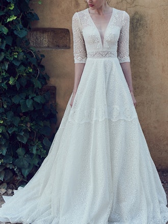 Embroidered Tulle V-Neck Gown
