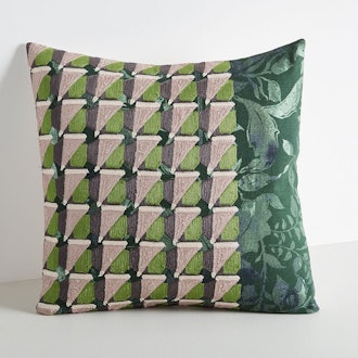 Embroidered Geo Floral Pillow Cover - Dark Green Basil