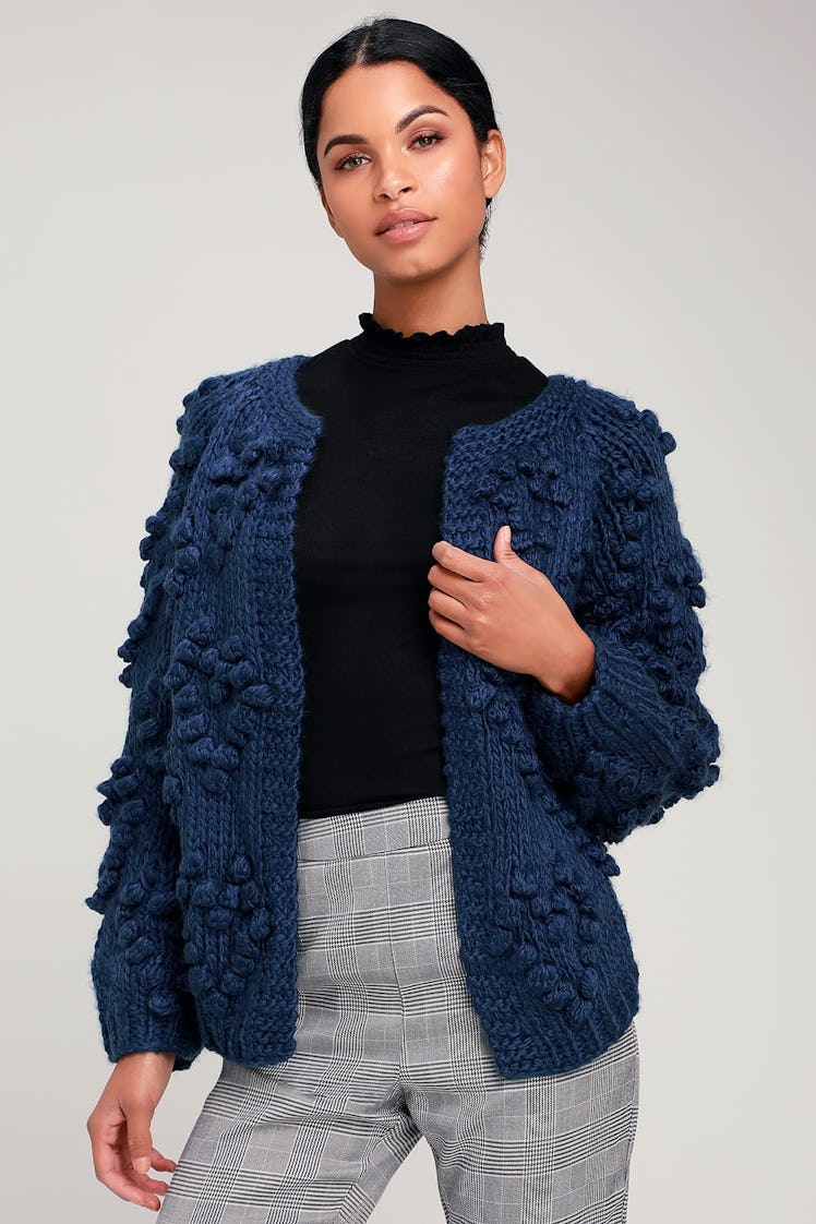Haille Navy Blue Knit Pom Pom Cardigan Sweater