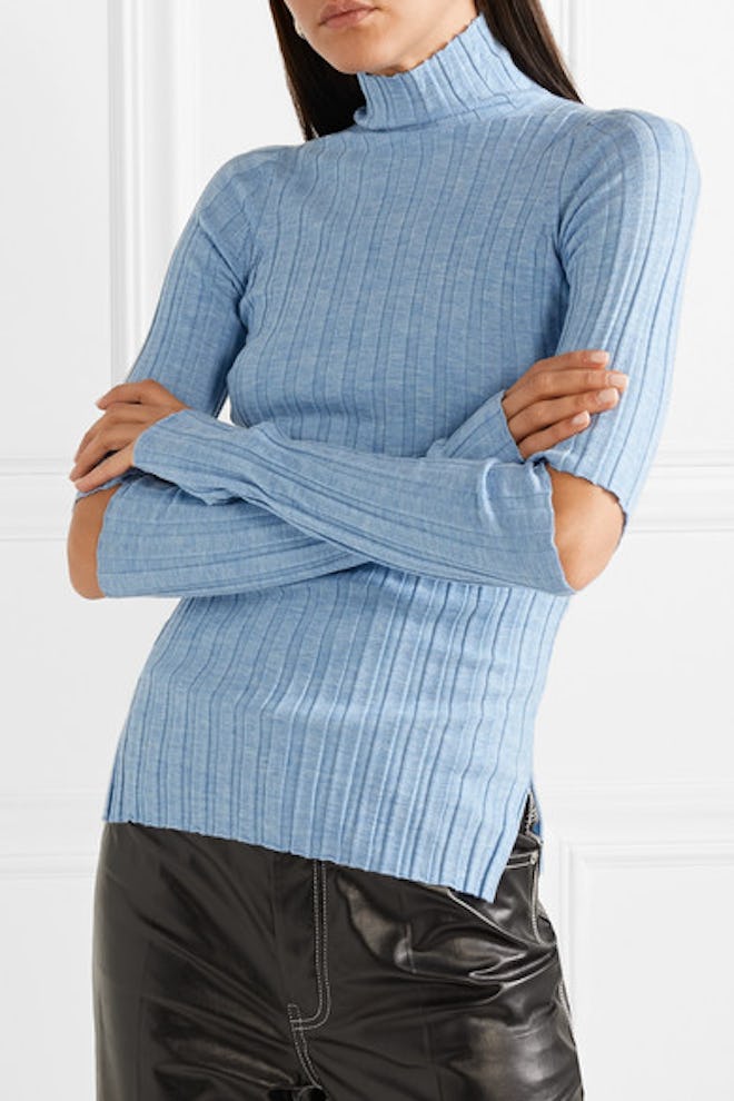 Cutout Ribbed Wool Turtleneck Sweater