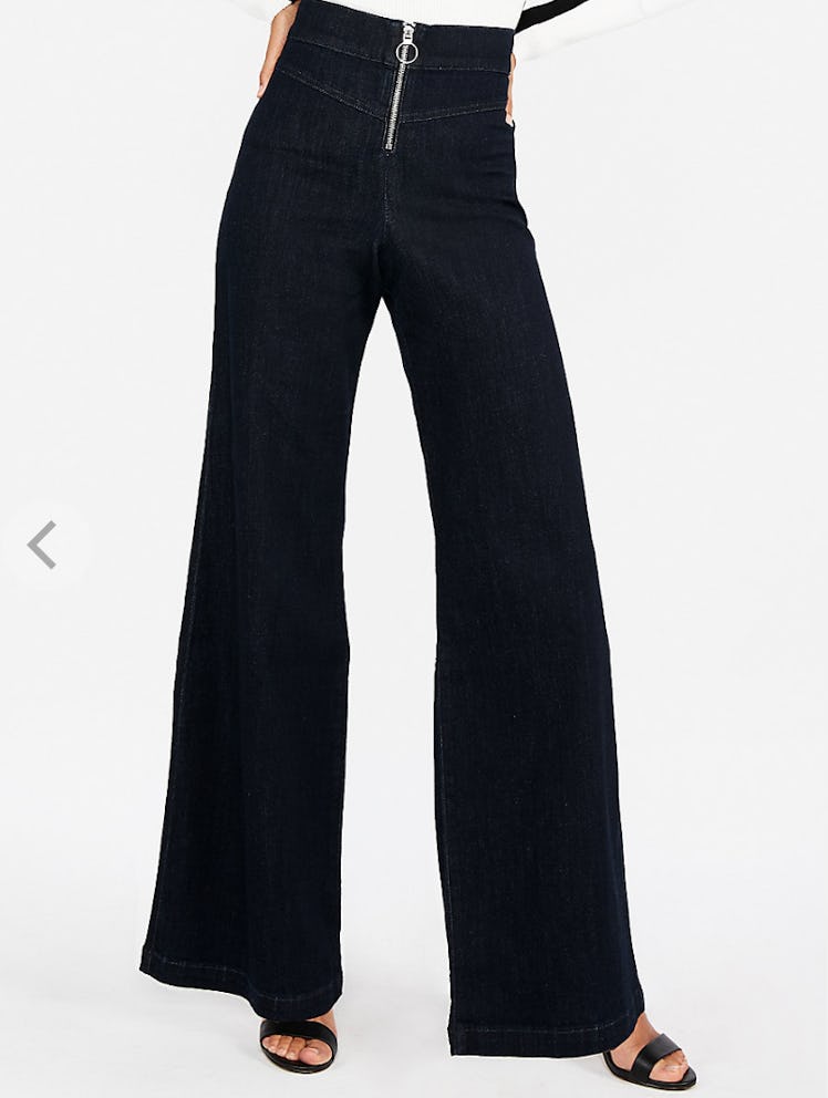Super High Waisted Exposed Zip Stretch Wide Leg Jeans