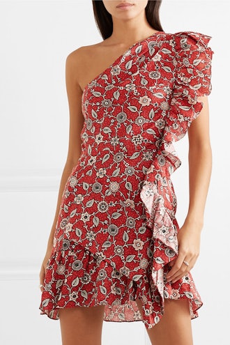 Teller One-Shoulder Ruffled Printed Linen Mini Dress