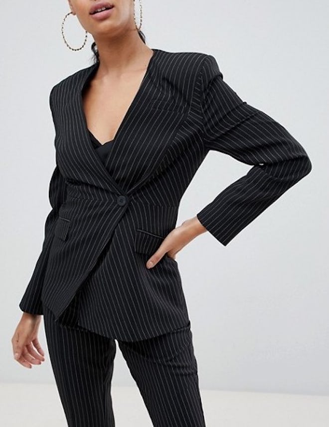 Suit Blazer With Sharp Shoulders in Cut About Pinstripe