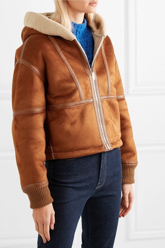 Hooded Faux Leather-Trimmed Faux Shearling And Suede Jacket