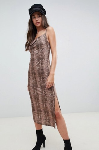 Cowl Front Midi Slip Dress In Snake Print