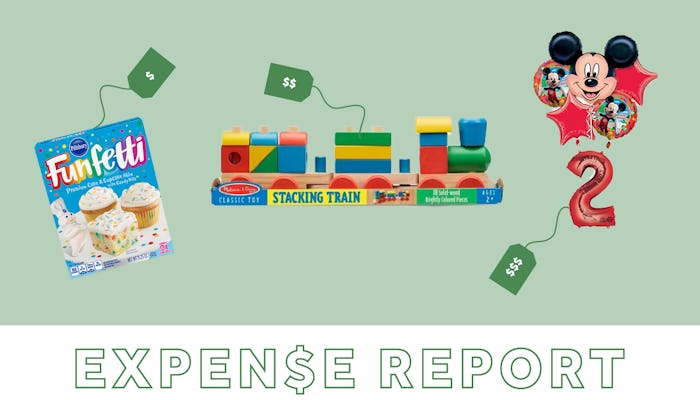 A collage with a box of Funfetti, a toy train for stacking, and a group of Mickey Mouse balloons fea...