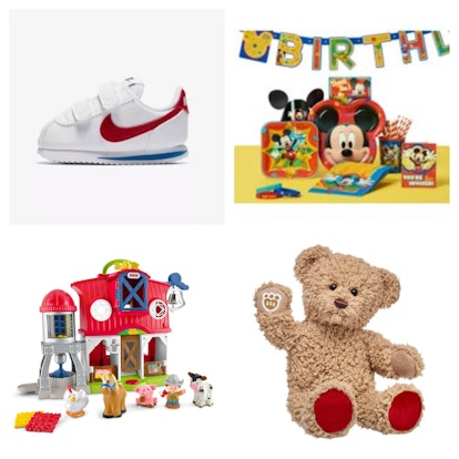 Collage of a white Nike baby sneaker, two baby toy playing sets, and a brown teddy bear