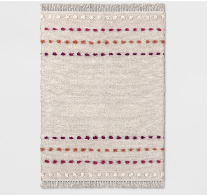 Opalhouse Tan Striped With Poms Woven Fringed Rug