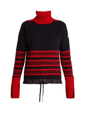 Moncler Roll Neck Striped Ribbed-Knit Wool-Blend Sweater