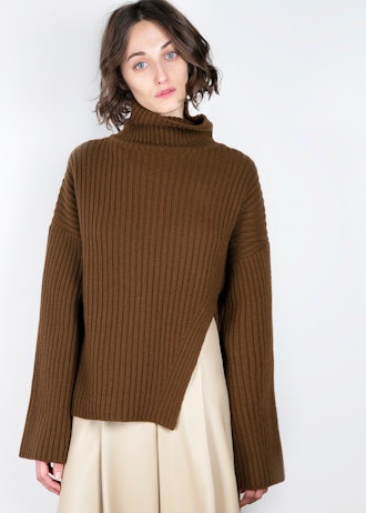 Asymmetric Brown Ribbed Turtleneck Sweater