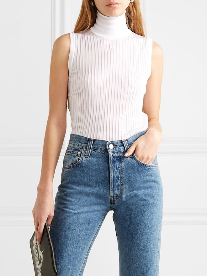 Embroidered Ribbed Knitted Turtleneck Top