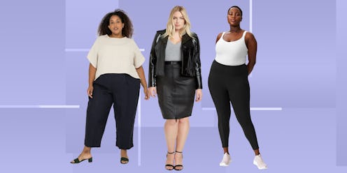Three models wearing plus size basics in black, white and grey