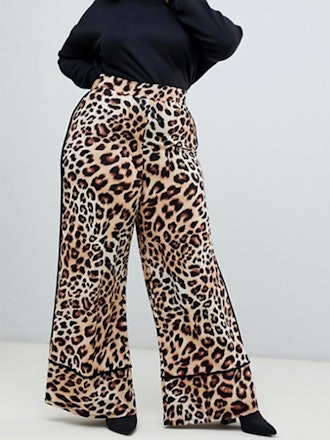 Curve Wide Leg Pants With Contrast Binding In Leopard Print