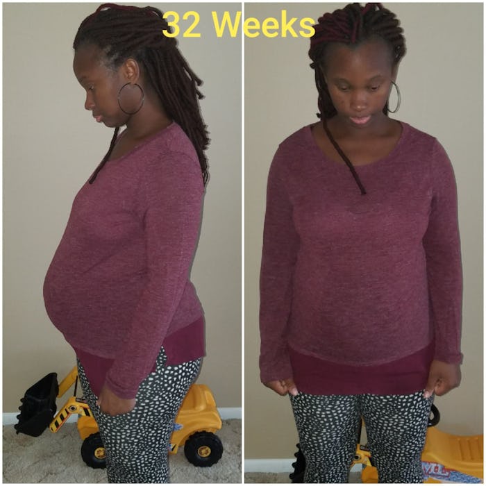 Side by side photos of a 32-week pregnant woman looking to the side and forward