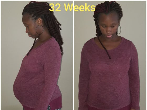Side by side photos of a 32-week pregnant woman looking to the side and forward