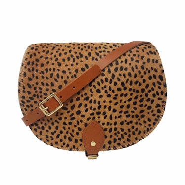 Cheetah Print Leather Saddle Bag In Tan With Back Pocket