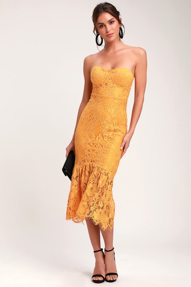 Divine Nights Golden Yellow Lace Strapless Midi Dress